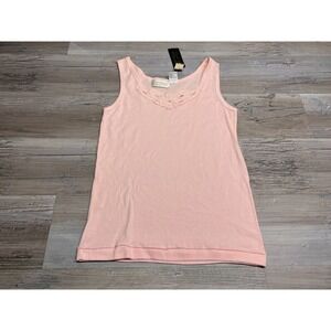 Vintage 90s Womens Baby Pink Tank Top Floral  Embroidered Neckline Sz S NWT Cami
